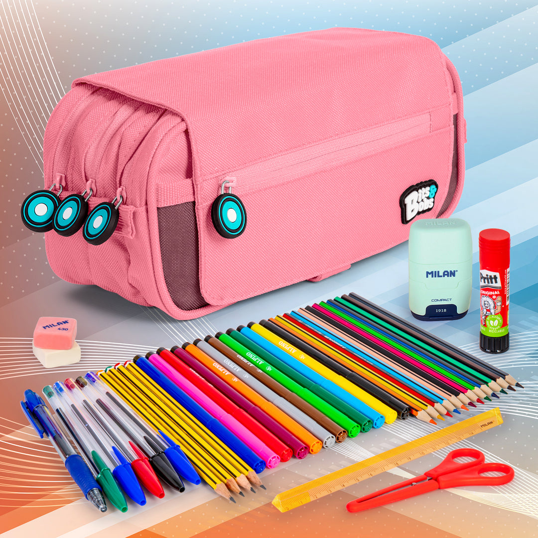 ColePack BitsBobs - Estuche Triple de 3 Cremalleras con Material Escolar Incluido. Rosa Claro