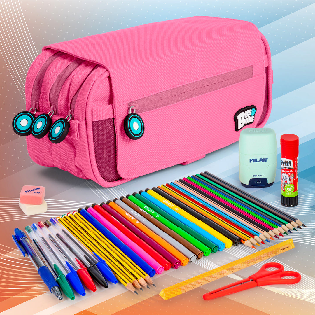 ColePack BitsBobs - Estuche Triple de 3 Cremalleras con Material Escolar Incluido. Rosa