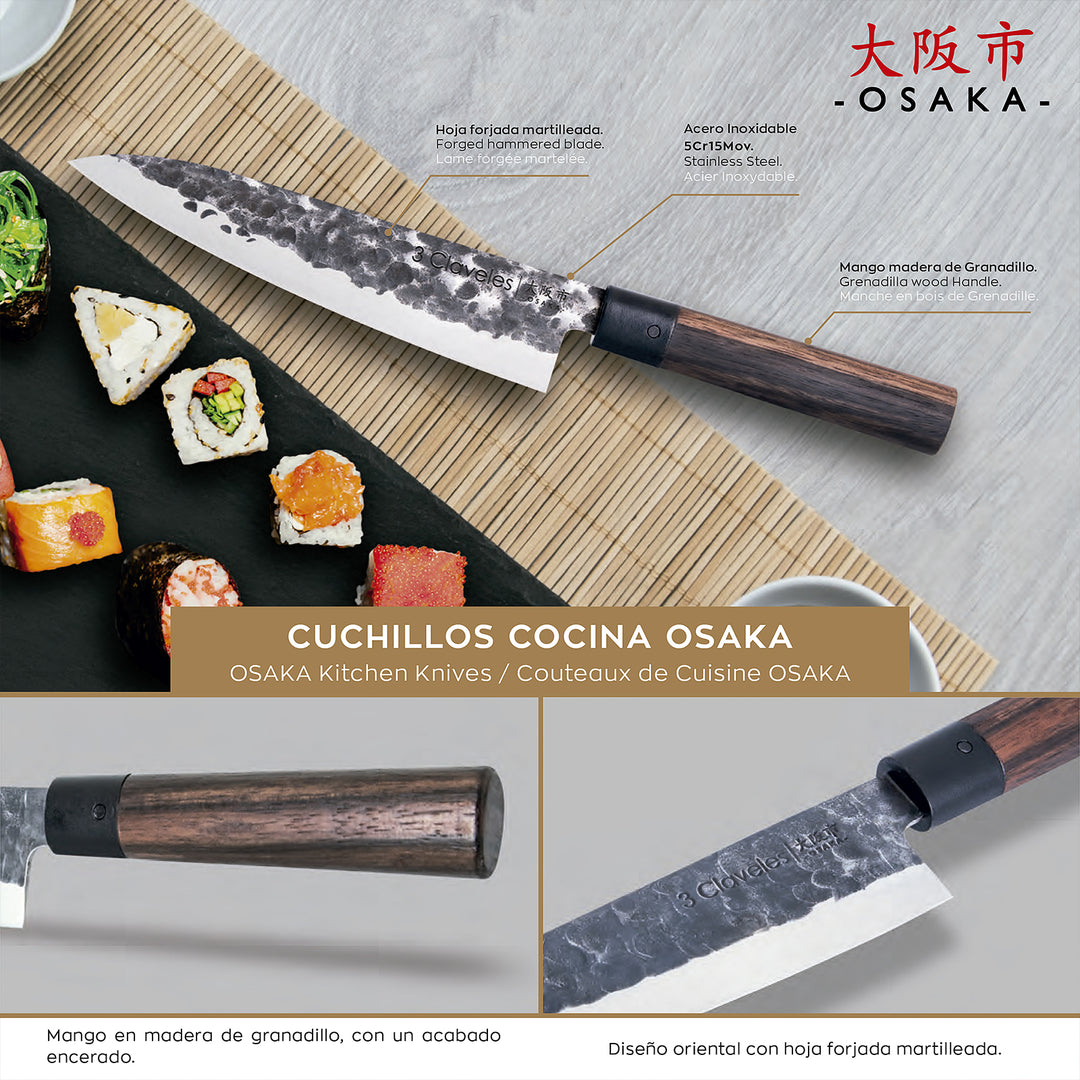 3 Claveles Osaka - Cuchillo Cocina 16 cm de Estilo Asiático Forjado a Mano