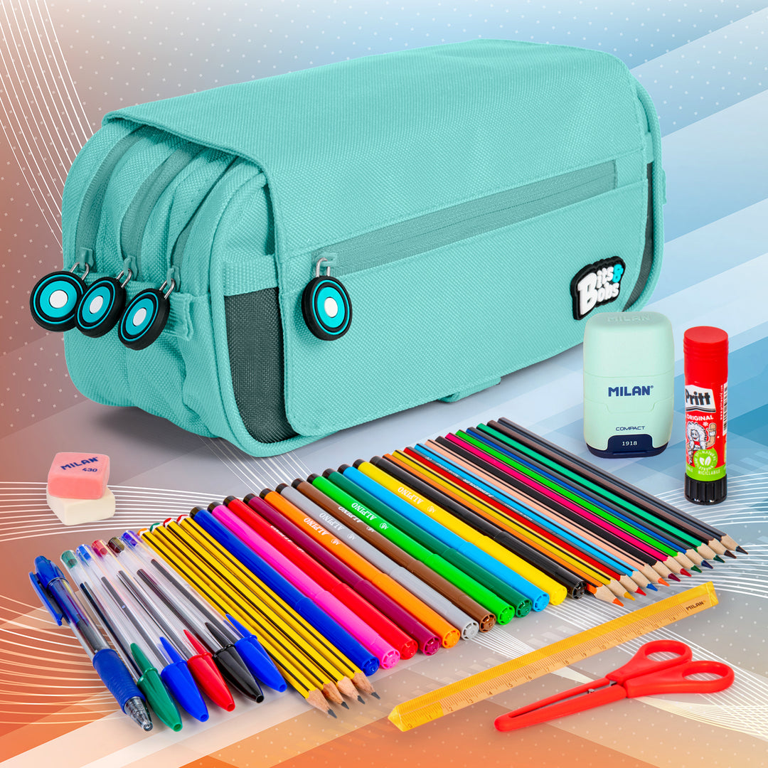 Grafoplás - Estuche Portatodo Triple con Solapa para Material Escolar. Azul Claro