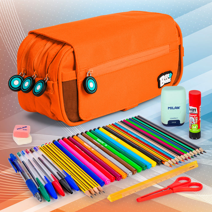 Grafoplás - Estuche Portatodo Triple con Solapa para Material Escolar. Naranja