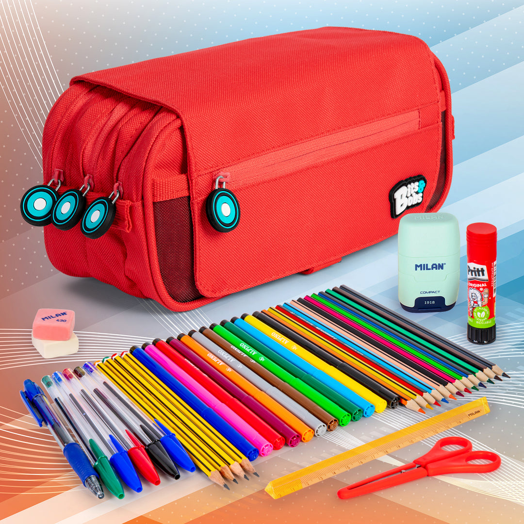 Grafoplás - Estuche Portatodo Triple con Solapa para Material Escolar. Rojo