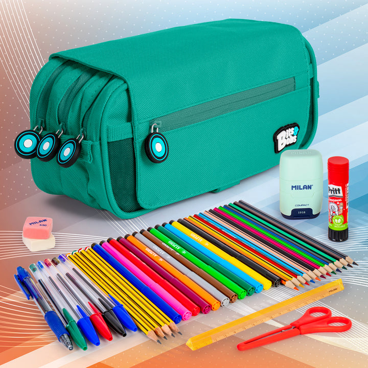 Grafoplás - Estuche Portatodo Triple con Solapa para Material Escolar. Turquesa