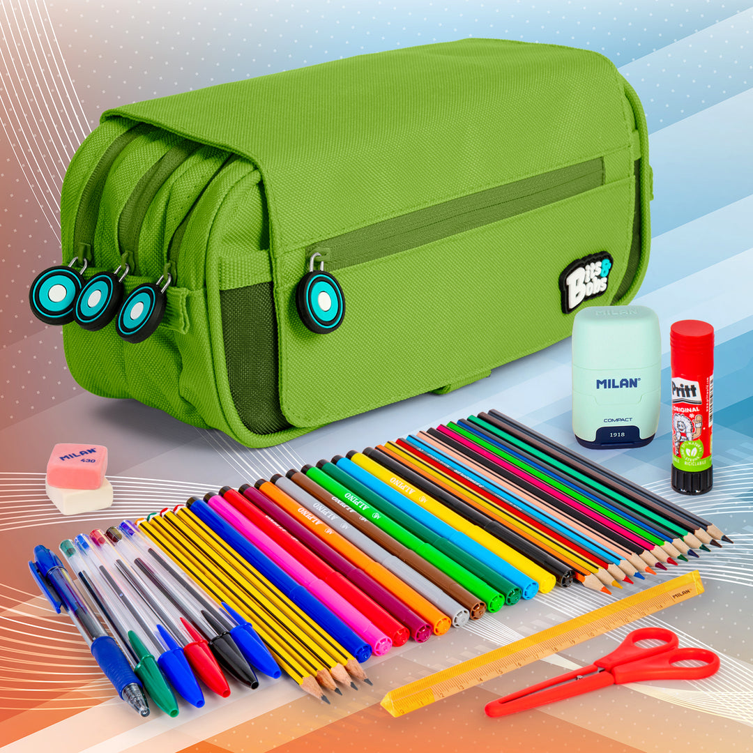 Grafoplás - Estuche Portatodo Triple con Solapa para Material Escolar. Verde