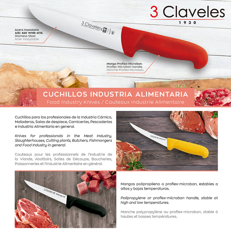 3 Claveles Proflex - Cuchillo Profesional Carnicero Ancho 30 cm Microban. Rojo