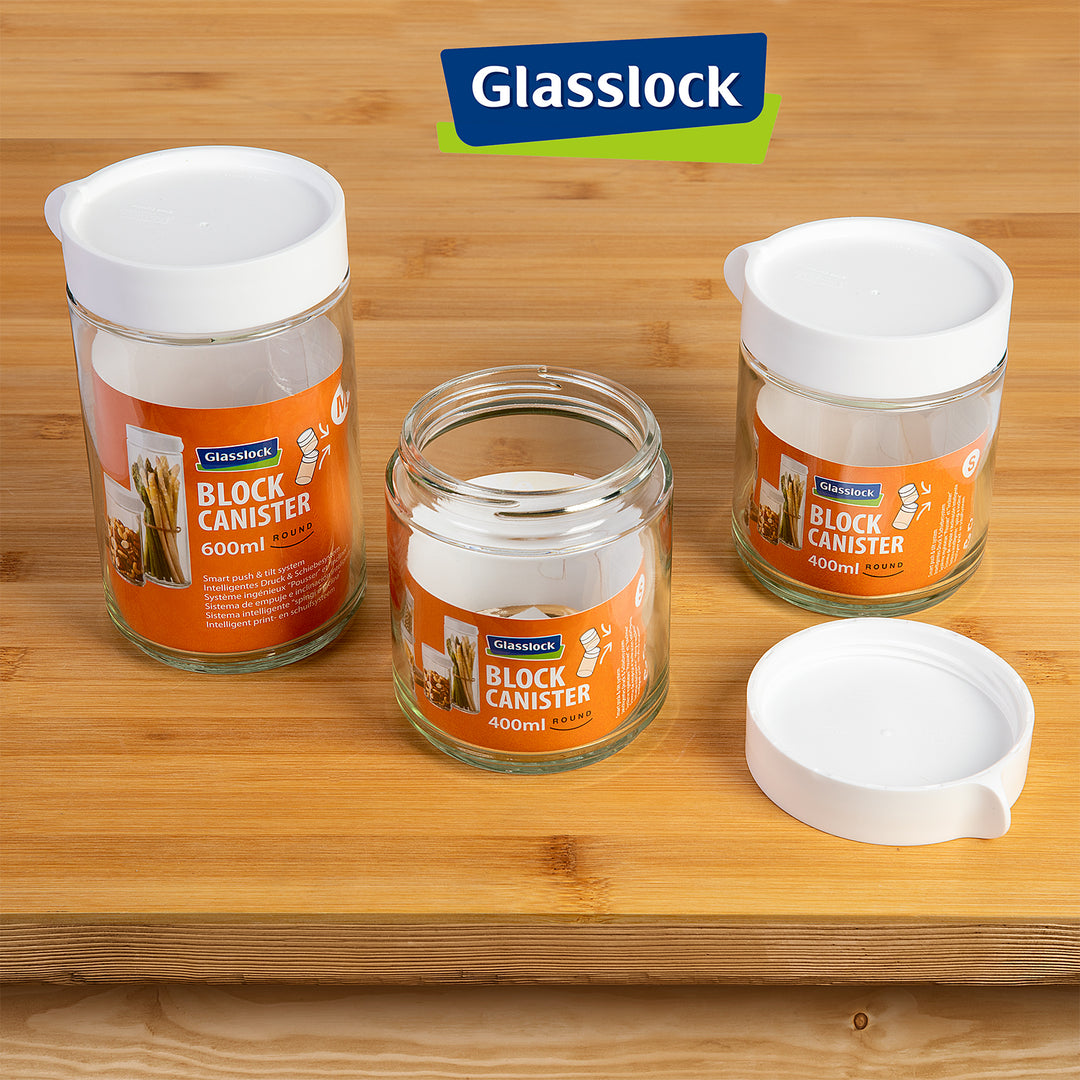 Glasslock Block Canister - Bote de Cocina Redondo de 1L en Vidrio Templado