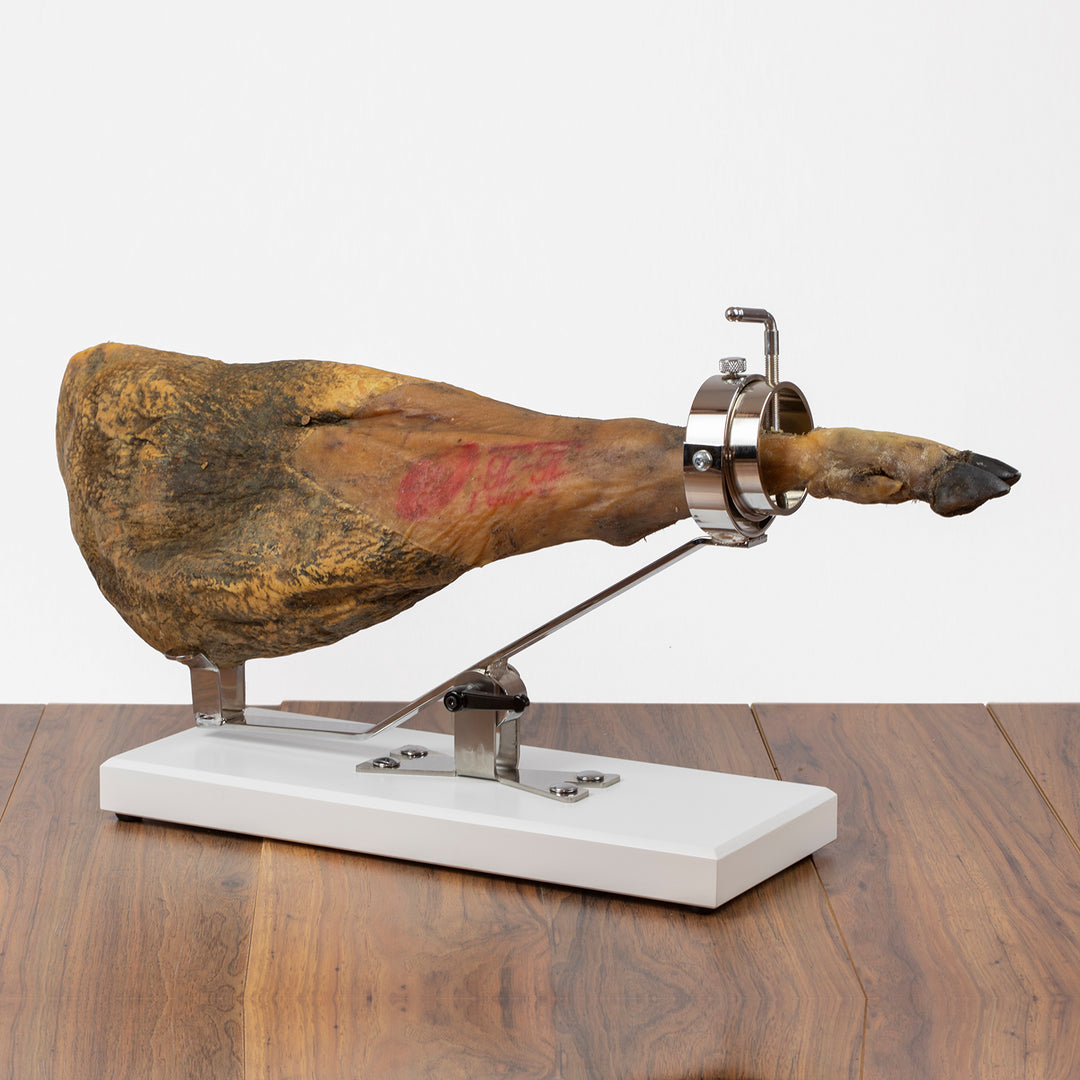 BELLO Aneto - Soporte Jamonero Basculante en DM y Acero Inoxidable con Cabezal Giratorio, Blanco