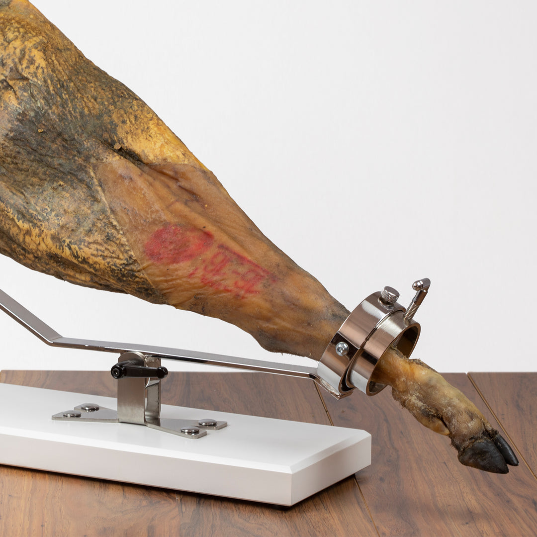 BELLO Aneto - Soporte Jamonero Basculante en DM y Acero Inoxidable con Cabezal Giratorio, Blanco