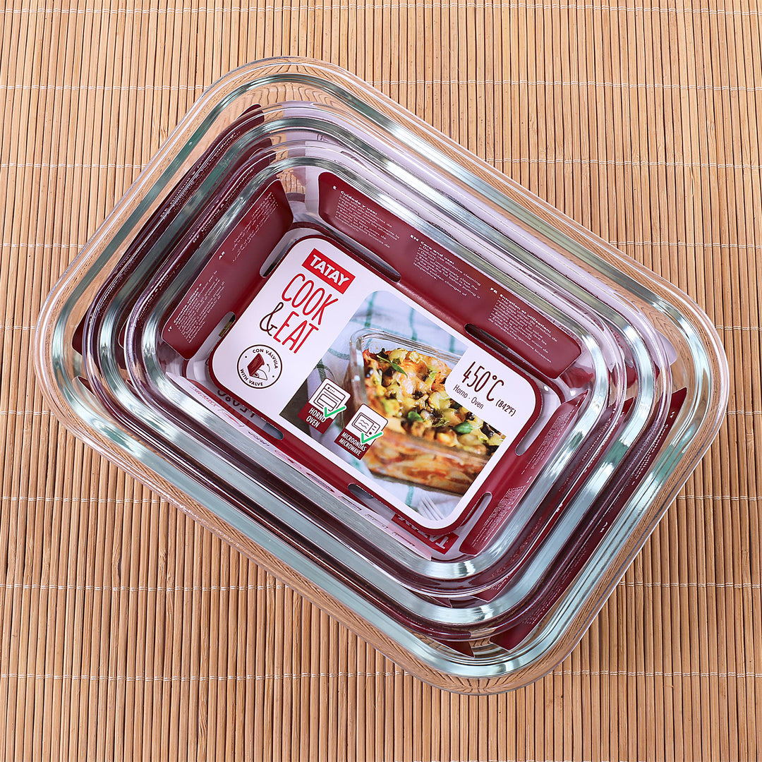 TATAY Cook & Eat - Recipiente Rectangular en 1.1L en Vidrio Borosilicato. Apto Horno
