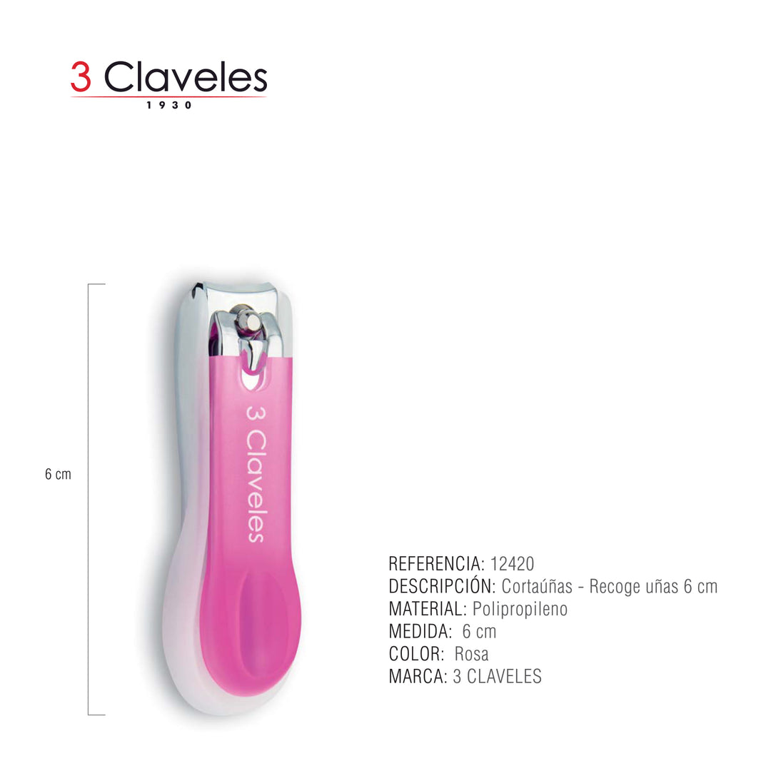 3 Claveles - Cortauñas de 6 cm con Depósito Recogeuñas, Rosa