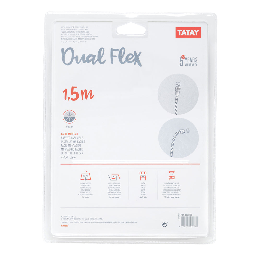 TATAY Dual Flex - Flexo de Ducha en Acero y Latón de 1.5m Doble Engatillado Reforzado