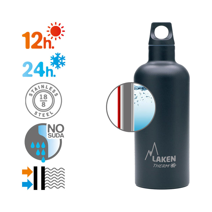 LAKEN Futura - Botella Térmica de Boca Estrecha 0.5L en Acero Inoxidable. Negro