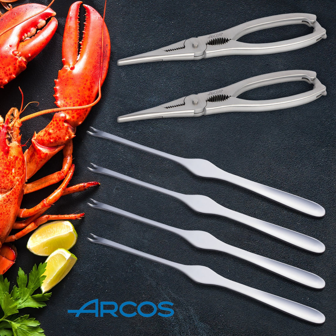 ARCOS 606400 - Juego de 2 Tenazas Corta Mariscos de 18.5 cm y 4 Tenedores en Acero Inoxidable