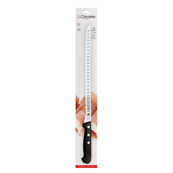 3 Claveles POM - Cuchillo Jamonero Alveolado Profesional 30 cm Acero Inoxidable