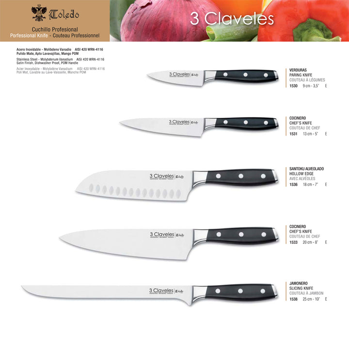 3 Claveles Toledo - Cuchillo Cocinero Profesional 13 cm Acero Inoxidable