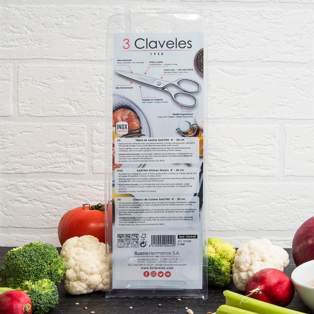 3 Claveles Gastro - Tijeras de Cocina Profesionales 8" 20 cm, Acero Forjado en Caliente